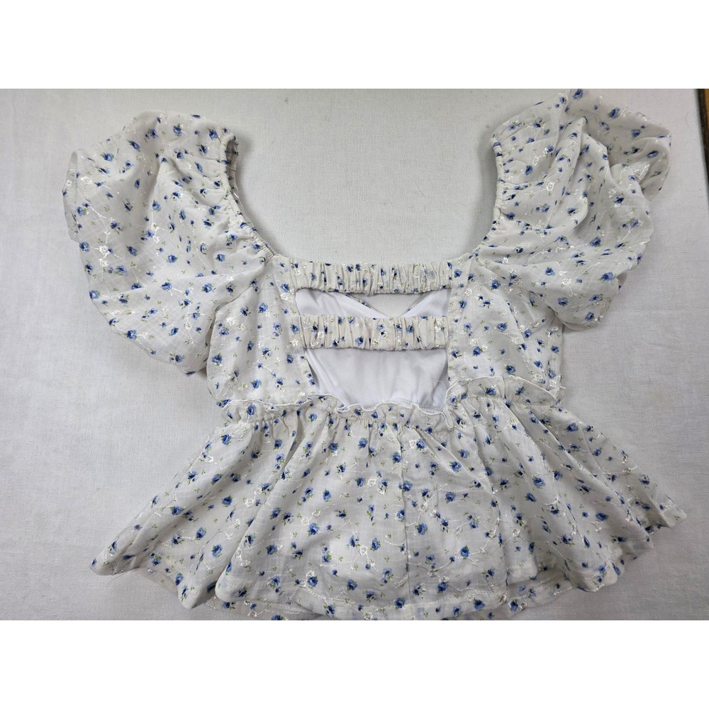 Trixxi Peplum Blouse Womens M White Blue Floral Puff Sleeve Open Back fairycore - Picture 3 of 10